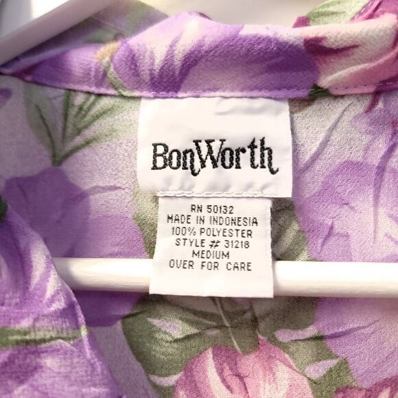 Bonworth Button Down Shirt Size M Purple Blouse Short Sleeve Hibiscus Hawaiian - Picture 2 of 6